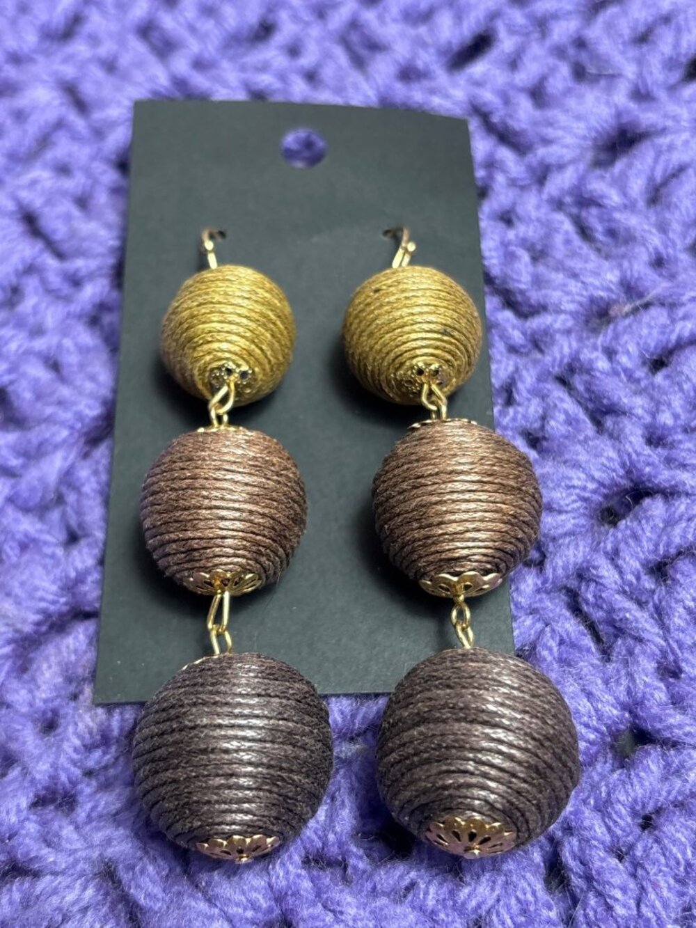 Chunky Statement Thread Wrapped Beaded Dangle Earrings Brown Gradient Neutral 3"